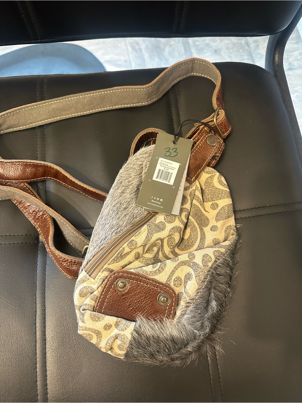 Myra Bag Beige & Brown Patterned Crossbody with Faux Fur Trim
